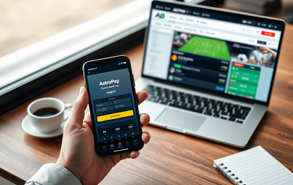 Bruker med AstroPay-app på mobil og bettingside på laptop.