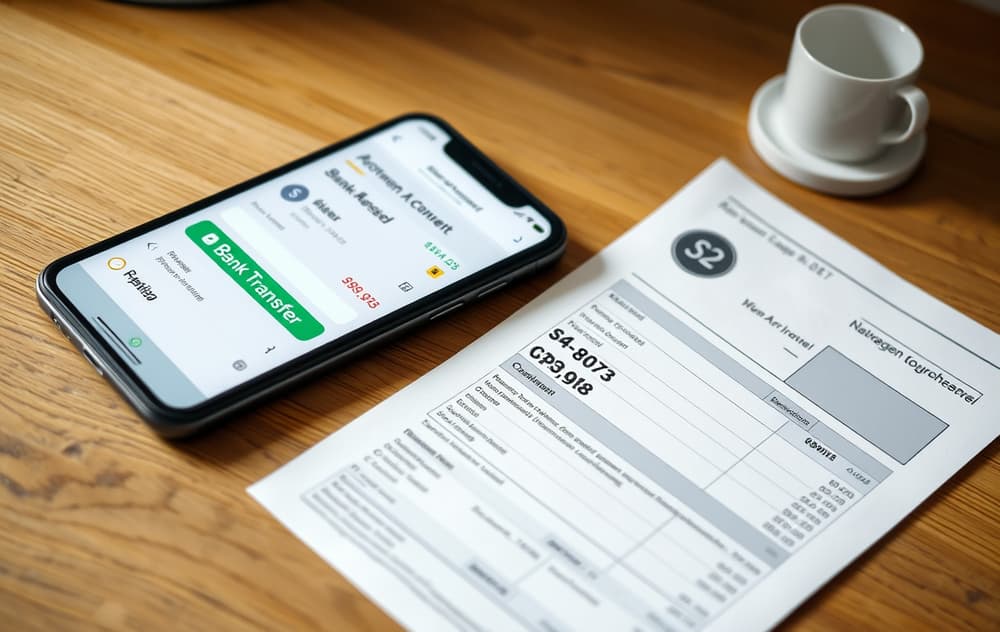 Bankutskrift og mobiltelefon med bettingside som viser bankoverføring som uttaksmetode.