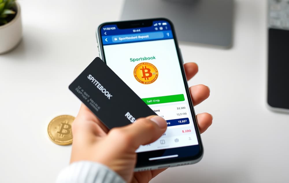 Smarttelefon med Bitcoin-innskuddsskjerm på en bookmakerside, med et kredittkort og en Bitcoin-mynt ved siden av