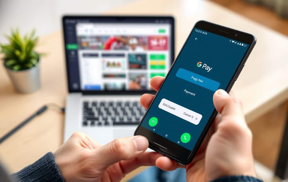 Person som bruker Google Pay på Android-telefon for innskudd på en bettingside