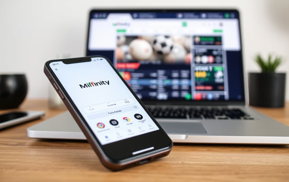 Smarttelefon med MiFinity-appen ved siden av en laptop med en bookmakerside åpen.