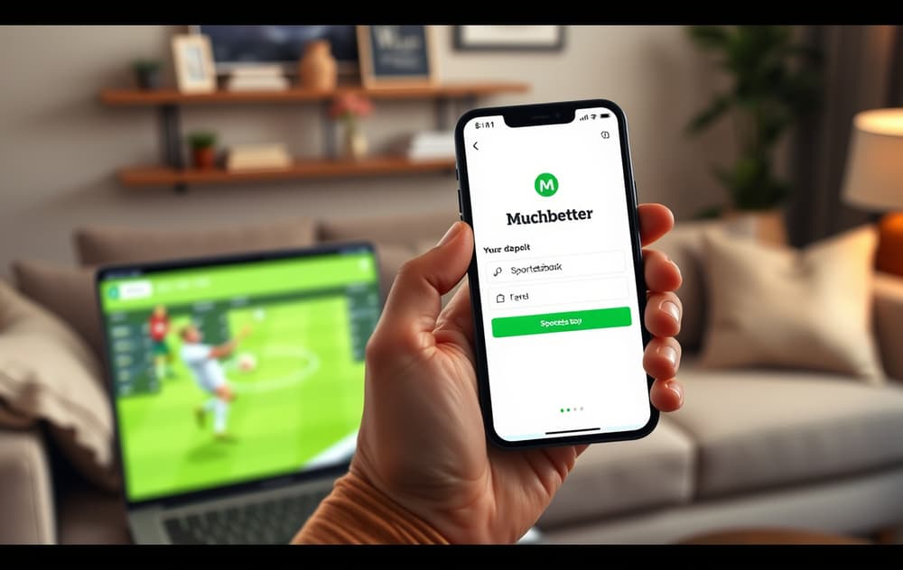 Person med mobiltelefon som viser Muchbetter-appen og et vellykket innskudd til en bookmaker.