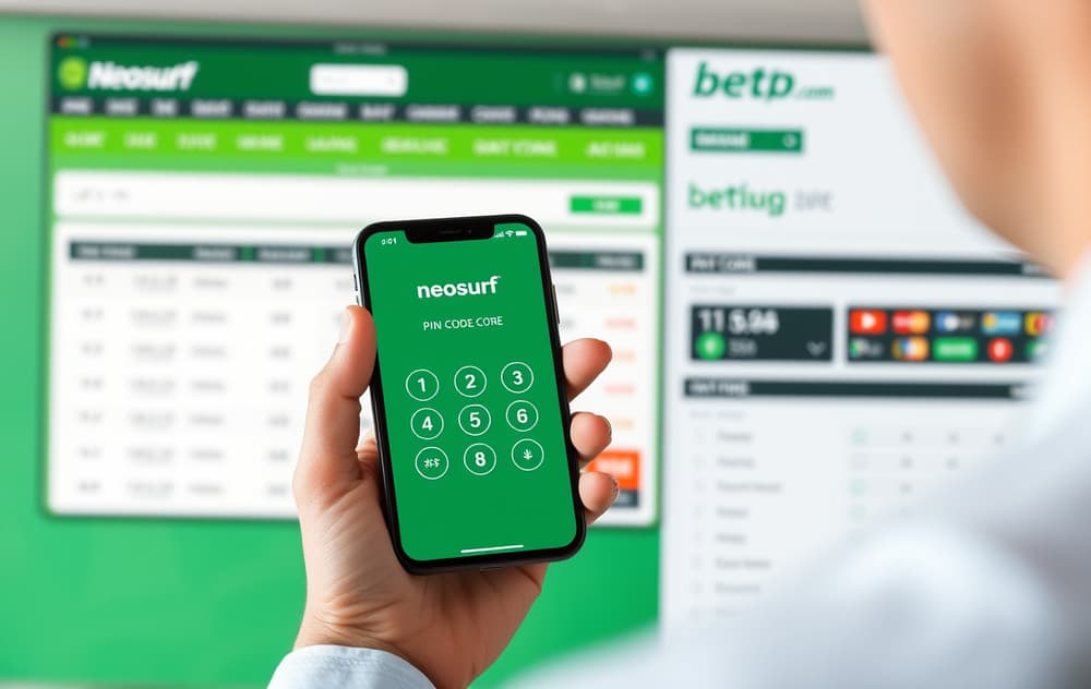 Person som holder en smarttelefon med Neosurf PIN-kode synlig, med en bettingside i bakgrunnen.