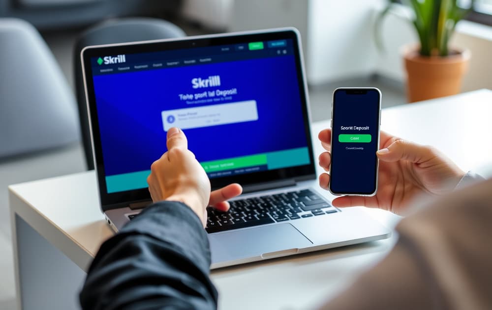 Person som setter inn penger på en bookmaker via Skrill-appen på mobilen