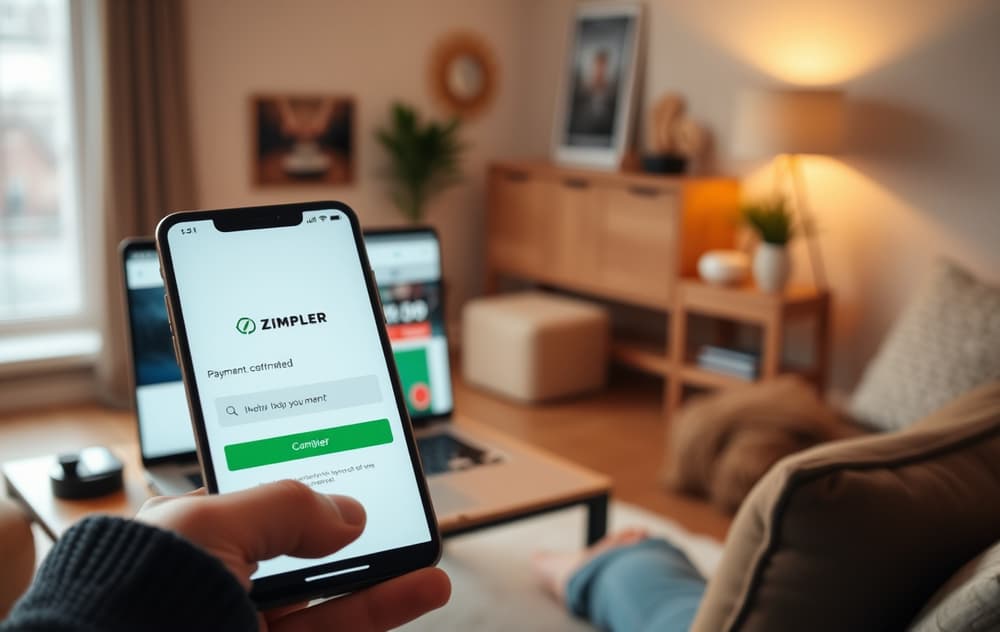 Person som betaler med Zimpler på mobilen foran en laptop med odds.