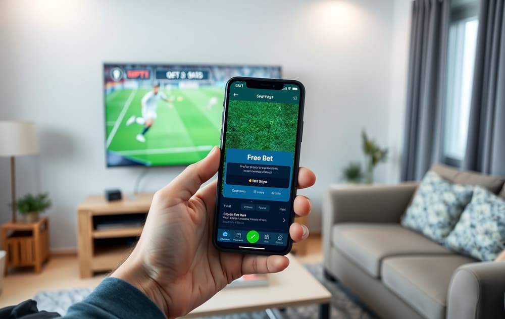 Bruker med gratisspill-tilbud på mobiltelefon foran TV med fotballkamp