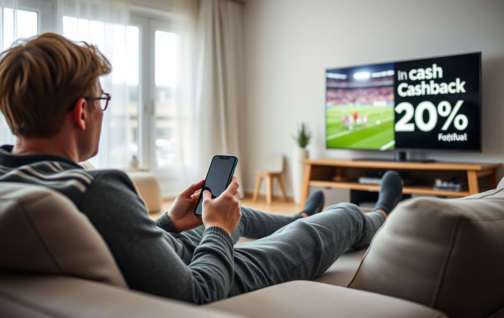 En mann som sjekker odds cashback på mobilen mens han ser på fotball.