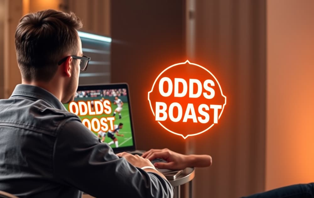 Spiller som ser på en oddsboost på en fotballkamp på dataskjermen