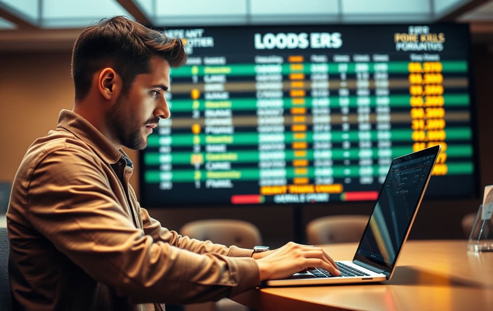 Spiller som analyserer odds på PC med ledertavle for oddskonkurranse i bakgrunnen
