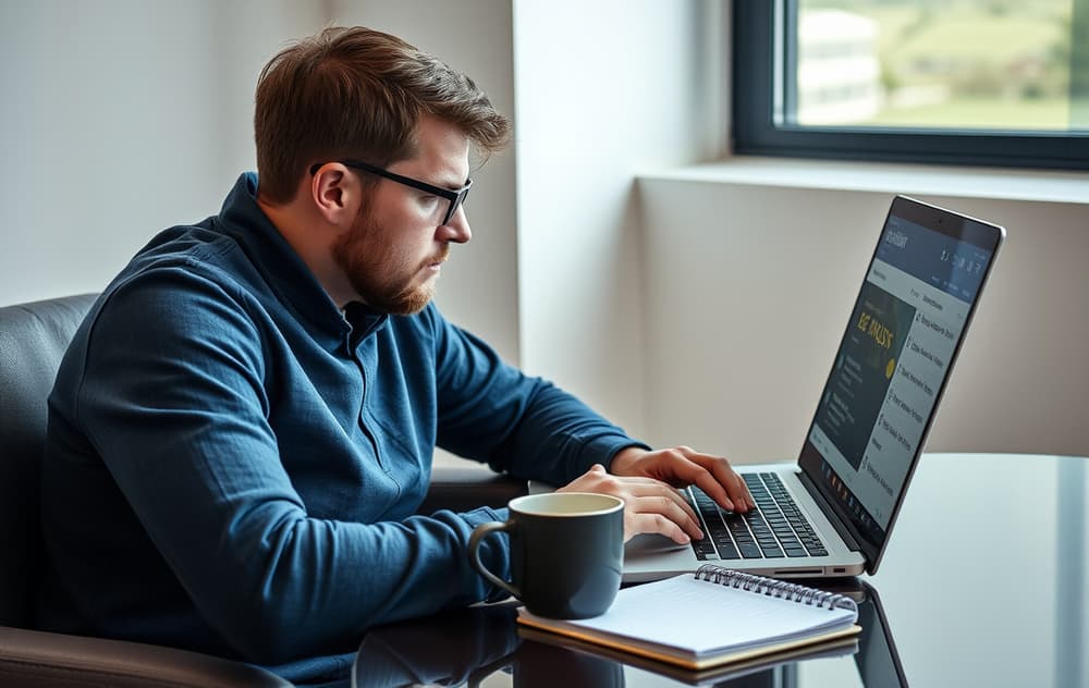 Norsk spiller som leser omsetningskrav på oddsbonus på en bærbar PC.
