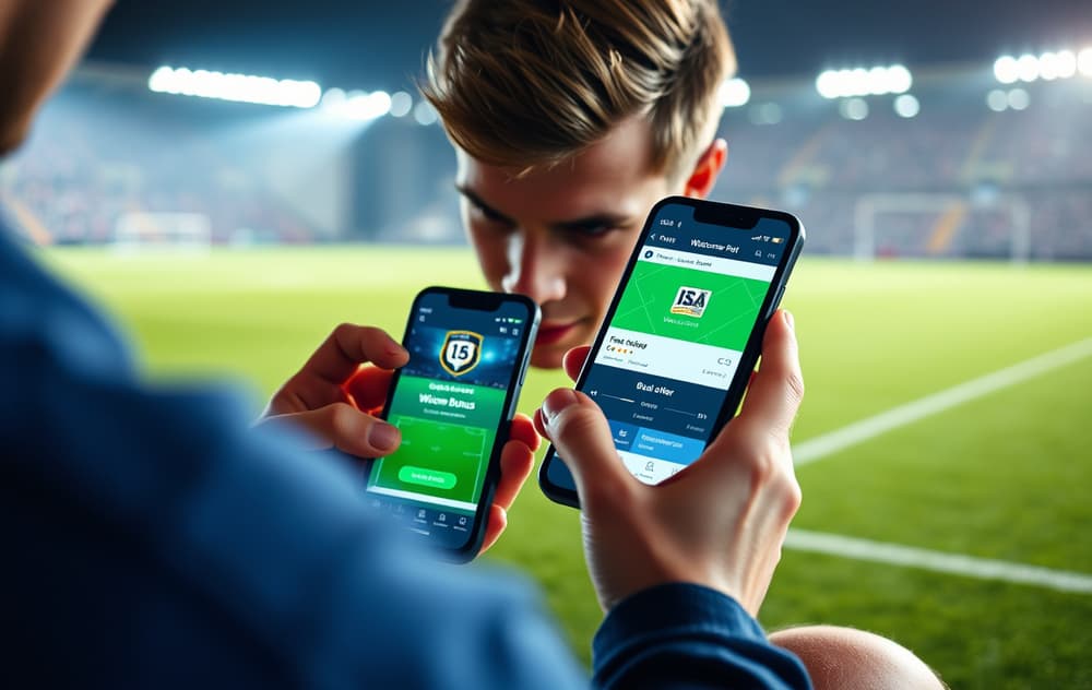 Norsk fotballfan med mobiltelefon som viser velkomstbonus fra en bookmaker, stadion i bakgrunnen.