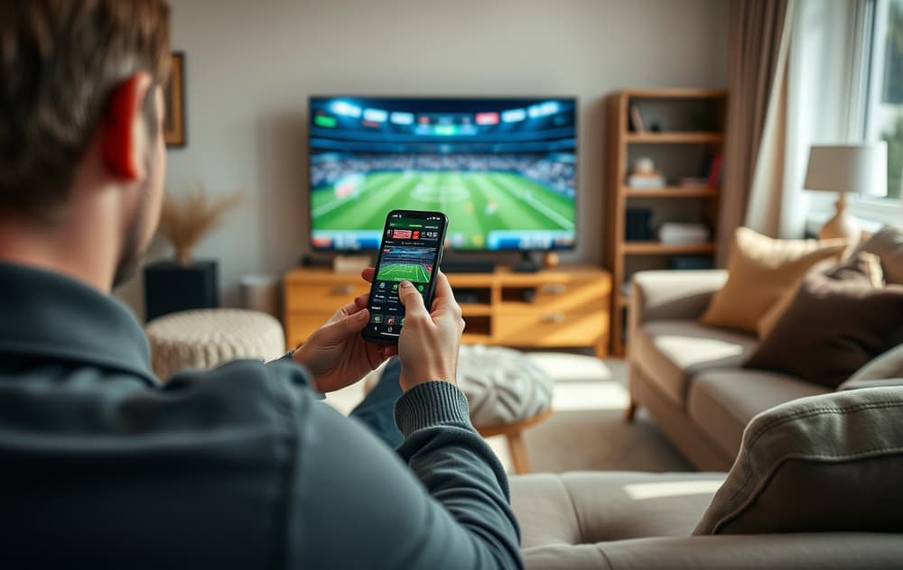 Person som sitter i en stue og følger med på live odds på mobilen mens en fotballkamp går på TV