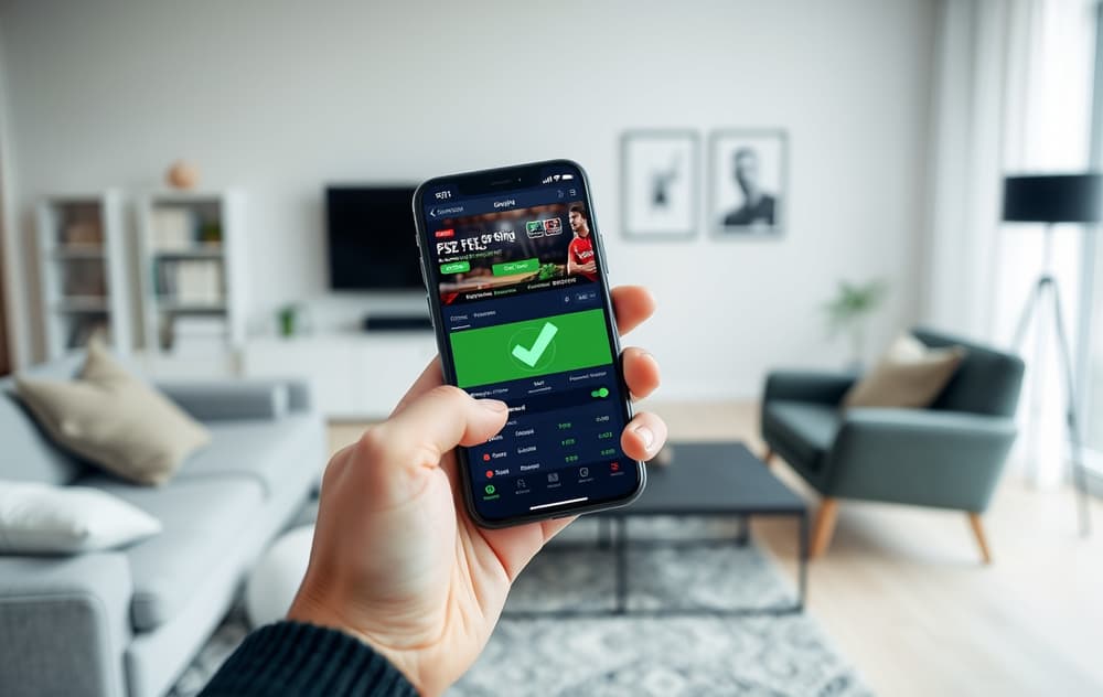 Hånd som holder mobil med en betting-app, sjekkmerke symboliserer pålitelighet