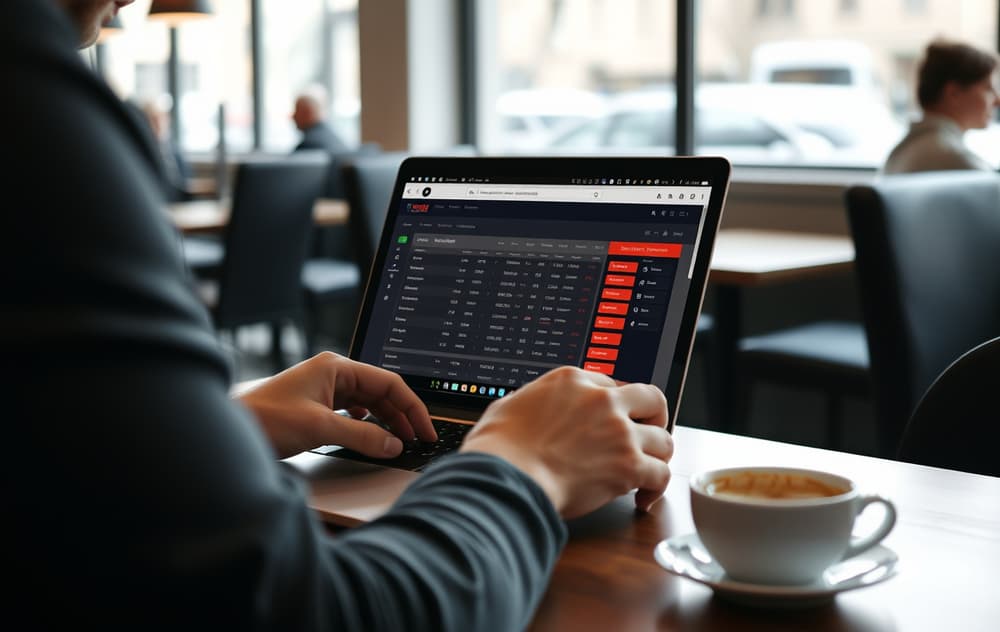 Person med laptop som sammenligner odds på en kafé