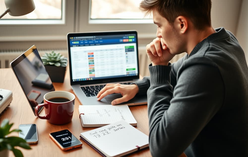 Person som sitter ved skrivebord og planlegger odds-spilling med notatbok og tidsbegrensning på mobilen.