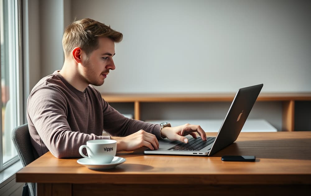 Norsk mann sammenligner odds på to bettingsider på laptop med Vipps-telefon synlig