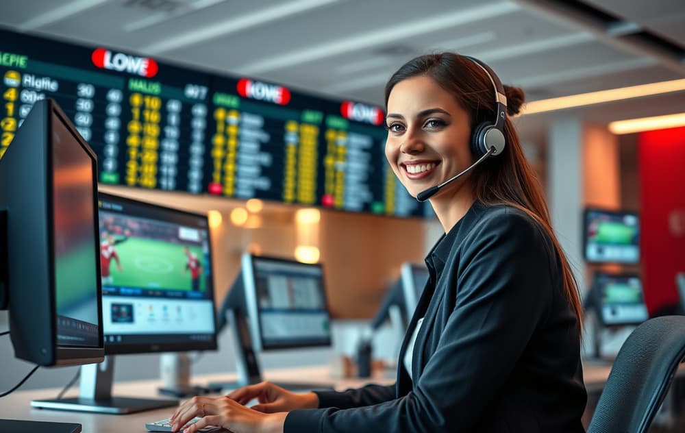 Kundeservicemedarbeider som hjelper en spiller via chat, med odds og betting på skjermene i bakgrunnen.