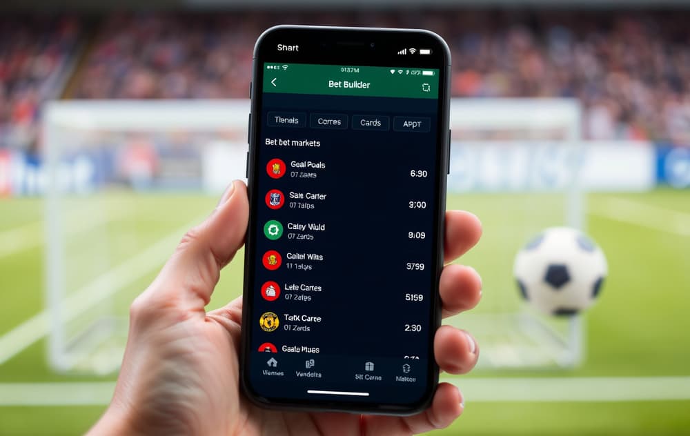 Skjermbilde av oddsbygger-funksjon på mobil med fotballkamp og flere markeder valgt.