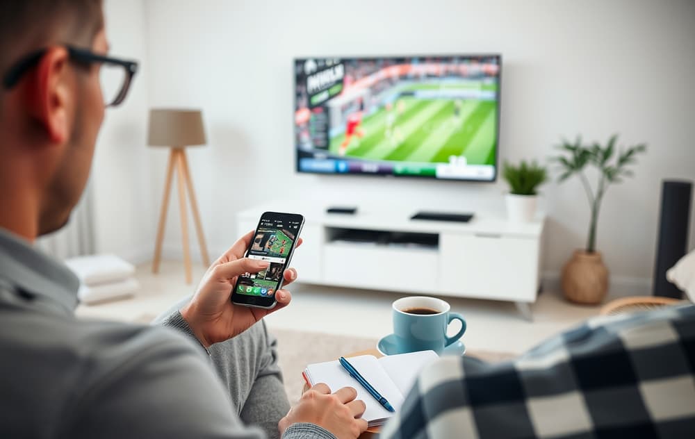 En person sammenligner odds på mobilen mens han ser på en fotballkamp på TV.