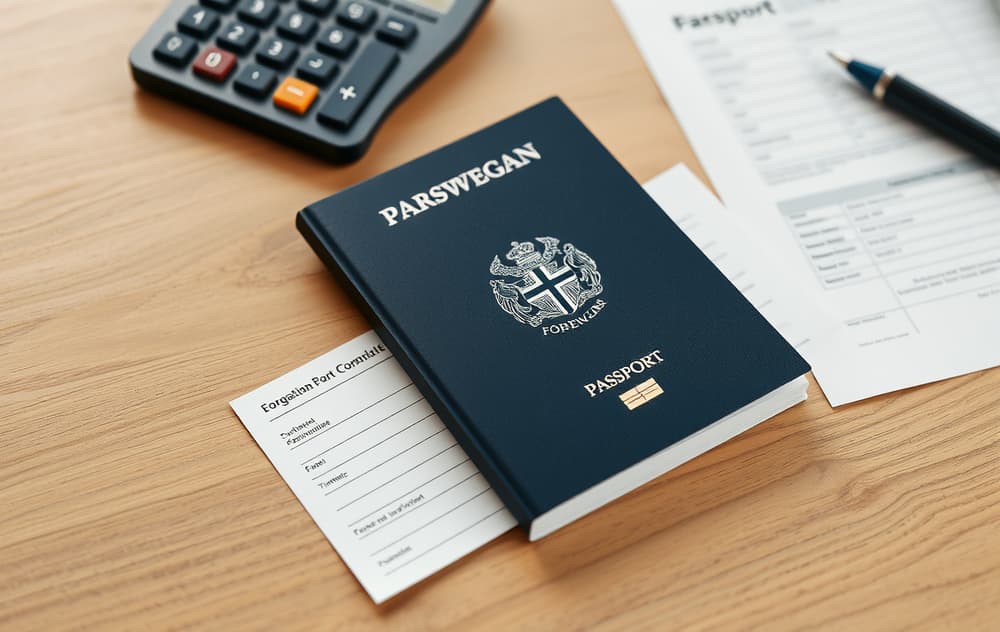 Norsk pass og oddskupong på et bord med kalkulator og skatteskjema