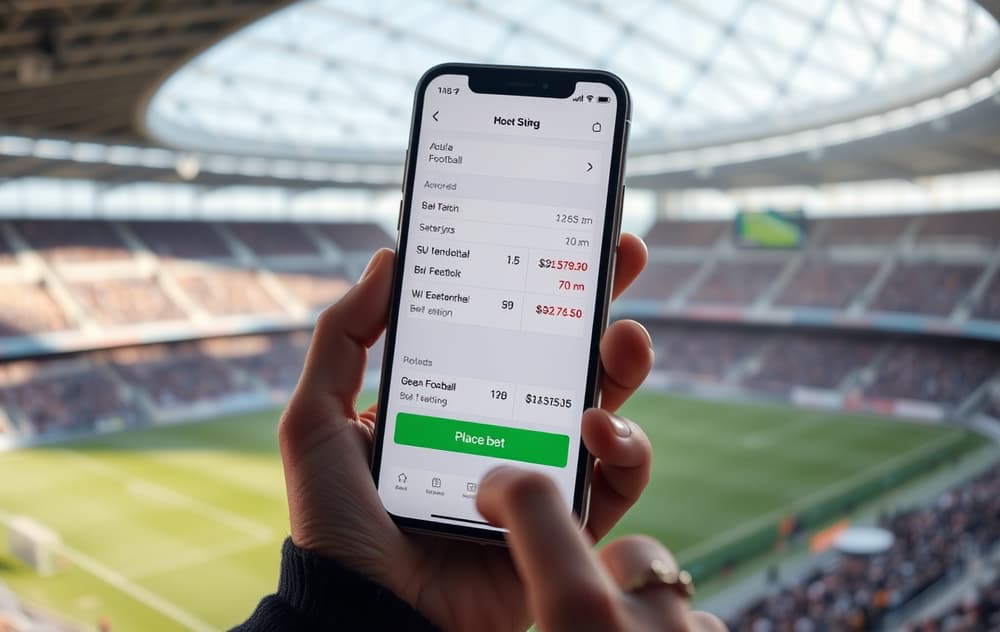 Person som tipper på mobil på en fotballstadion