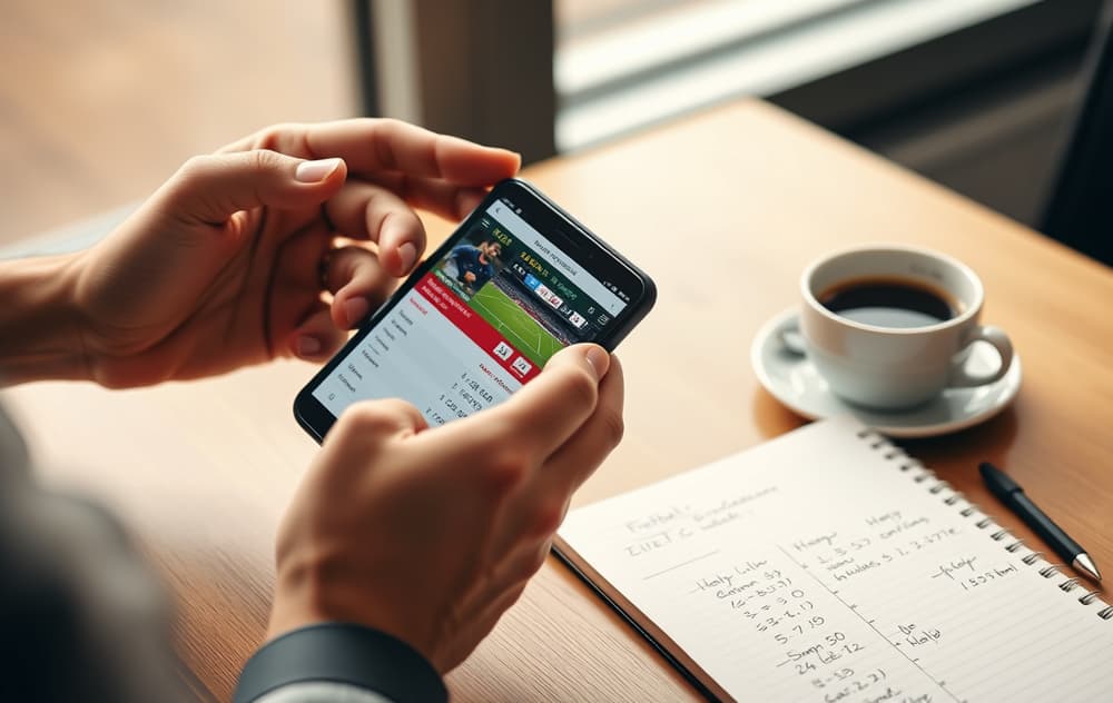 Person som holder smarttelefon med fotball odds på en bettingside, med kaffe og notatbok.