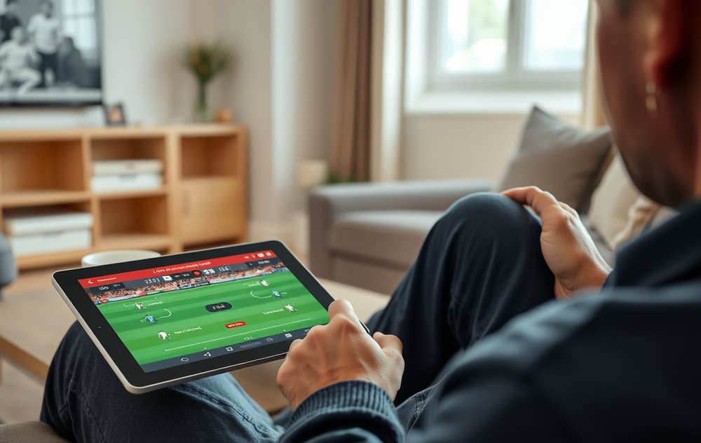 En person som ser på live fotballkamp med odds på skjermen