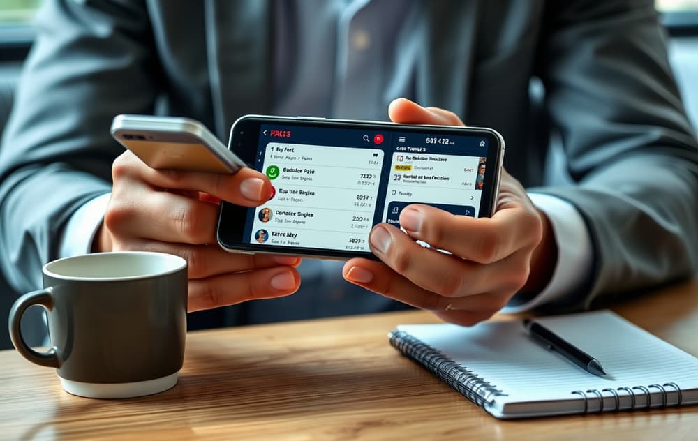 En person sammenligner bettingapper på mobilen med kaffekopp og notatblokk.