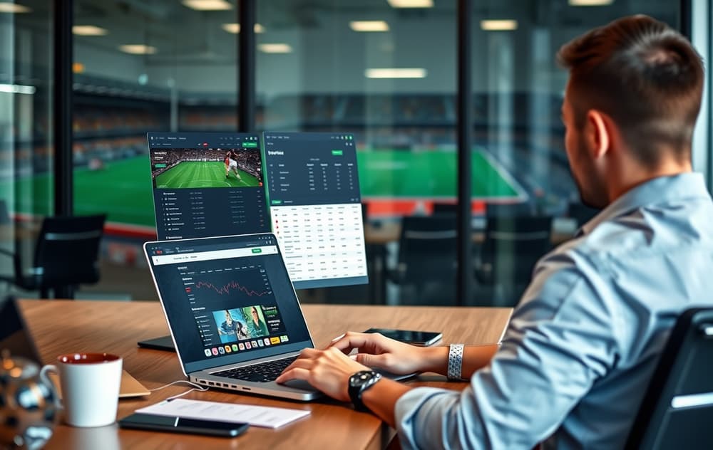 En person som sammenligner bettingsider på en bærbar PC med sport i bakgrunnen