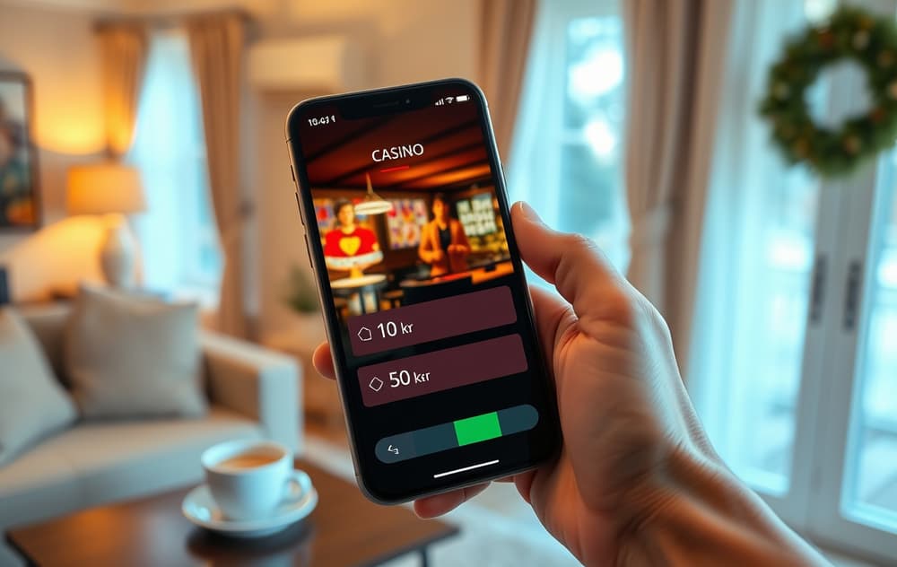 Person med smarttelefon som viser casino med lavt innskudd i norske kroner