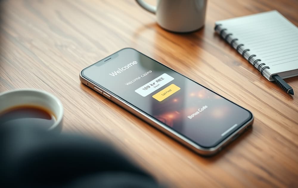 Smarttelefon med gratis casino-bonus på 100 kr uten innskudd, ved siden av kaffekopp og notatblokk.