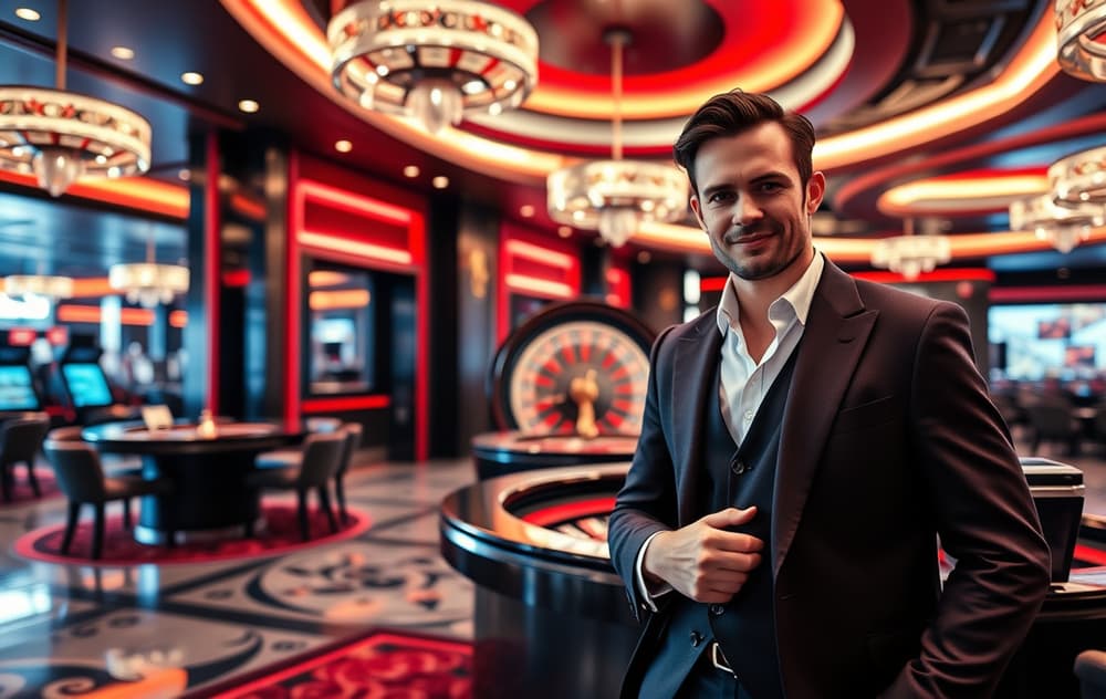 Highroller Casino – stilrent lobbybilde med roulettehjul og en velkledd spiller