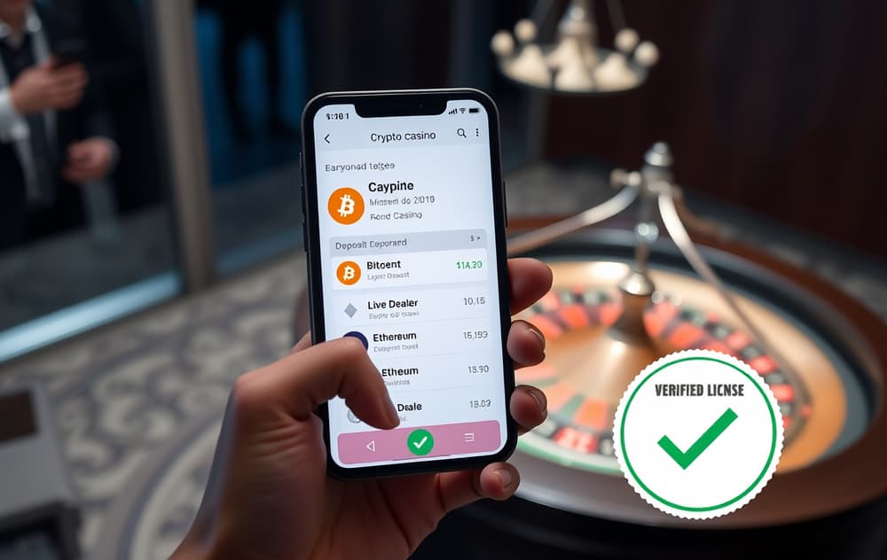 Smarttelefon med kryptocasino-grensesnitt som viser Bitcoin-innskudd og live dealer rulett