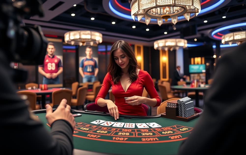 Live casino dealer med kortstokk i high-definition direktesending.