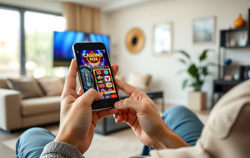 Person som spiller på mobilcasino i stuen – fokus på skjermen med spilleautomater