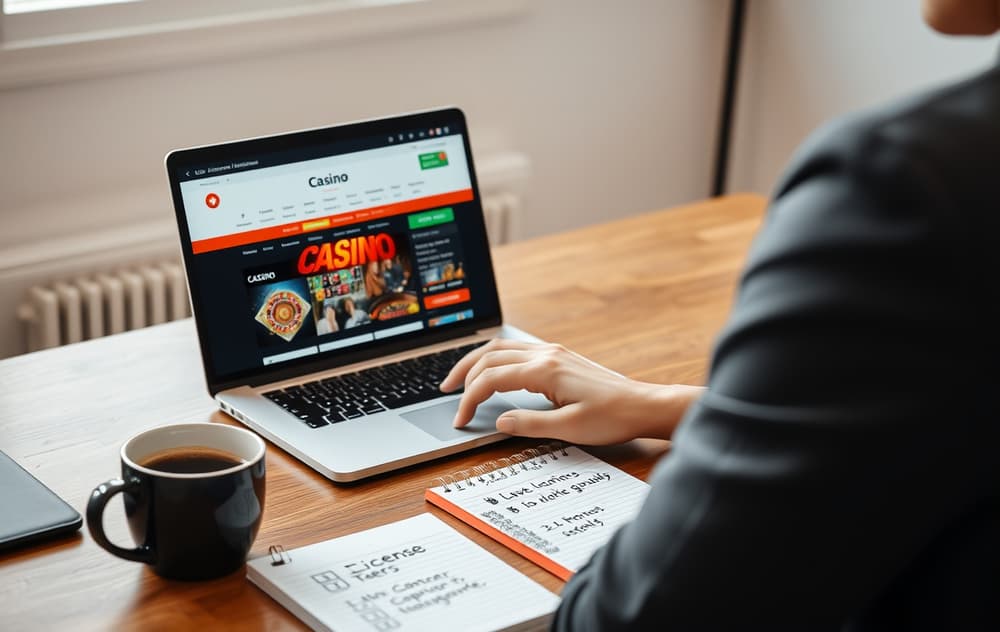 Person som sammenligner nettcasinoer på laptop med notatblokk og kaffekopp.