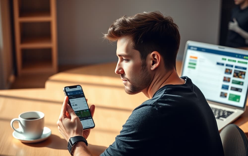 En mann som sammenligner oddsbonuser på mobil og laptop i et moderne hjem