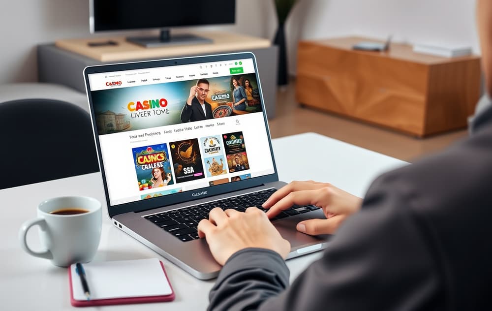 Person som sammenligner utenlandske casinoer på en bærbar PC