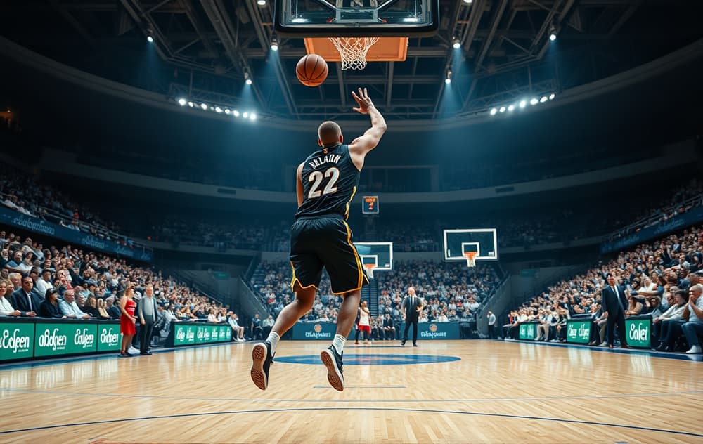 Basketballbane med odds-tavle og spiller som skyter trepoenger
