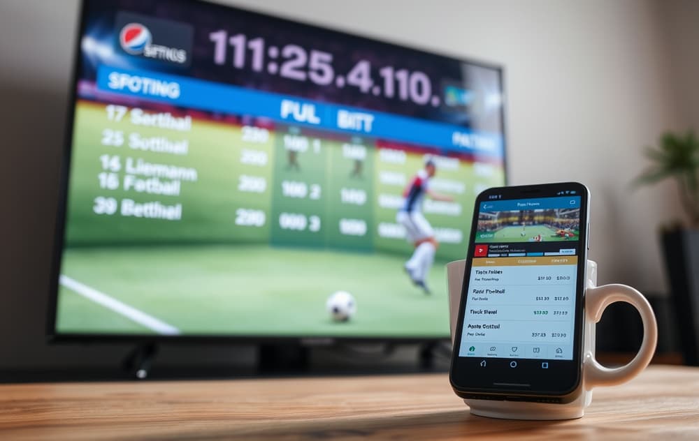 Fotballkamp på TV med odds, mobiltelefon med bettingskjerm og kaffekopp på bord