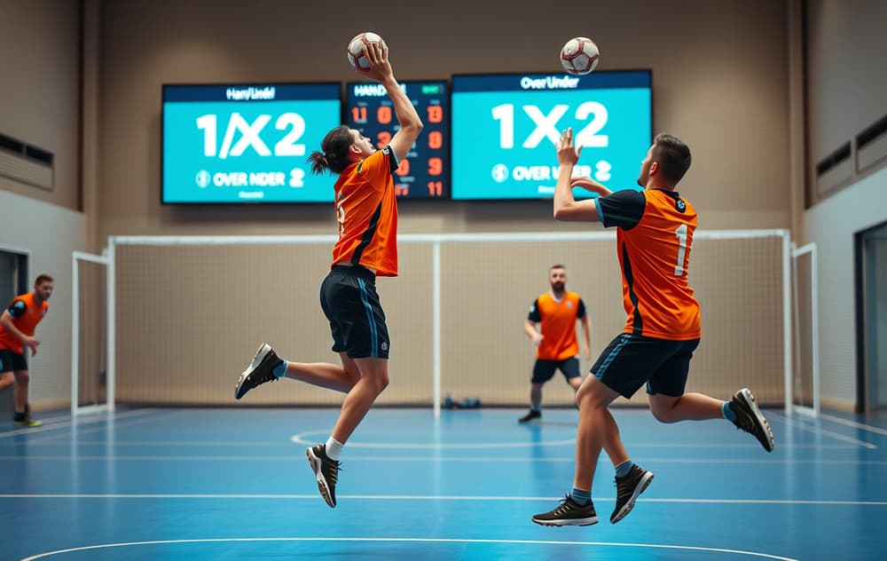 Håndballspillere i aksjon med oddsmarkeder i bakgrunnen.