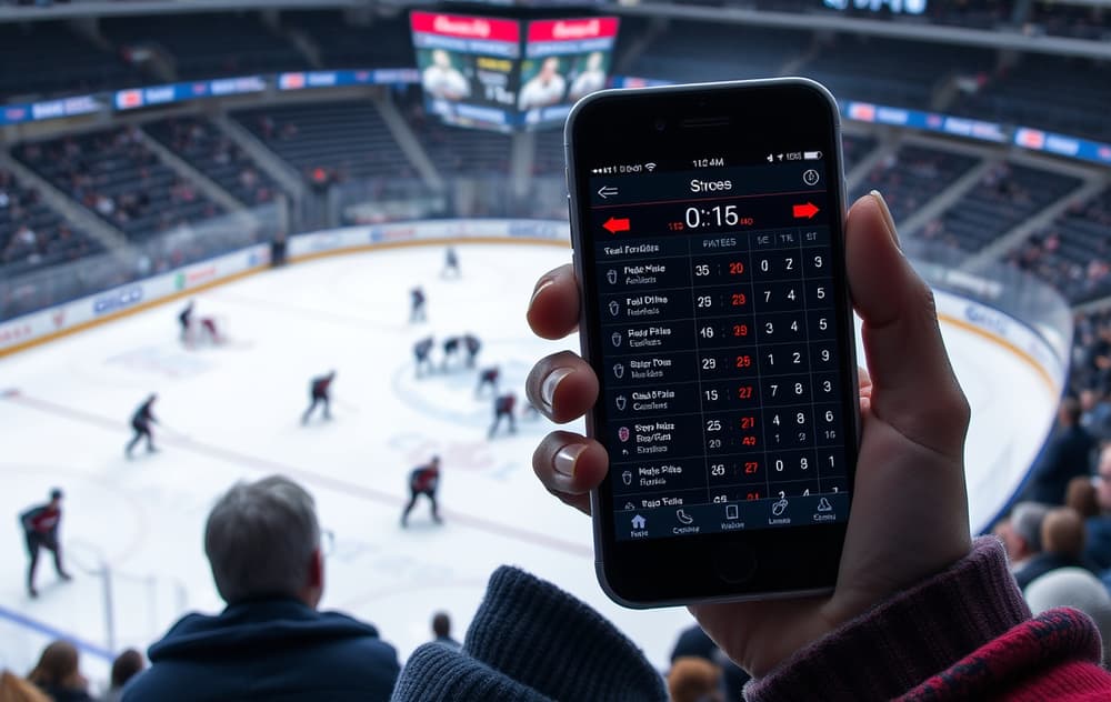 En ishockeykamp på isen med en mobiltelefon som viser odds og spill i forgrunnen