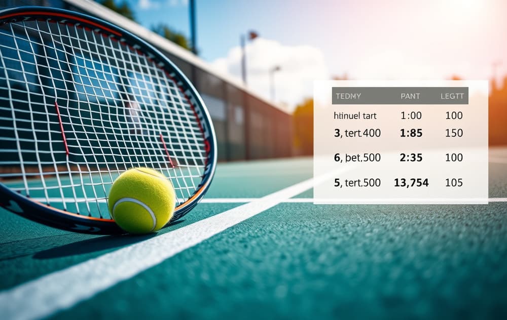 Tennisbane med ball og racket, oddsinformasjon i hjørnet