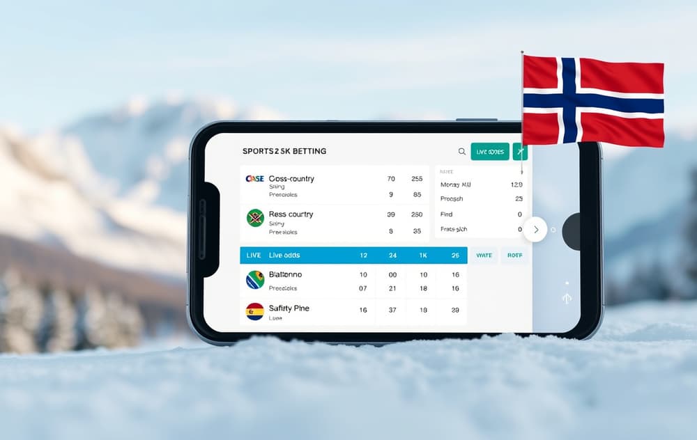 Mobilskjerm med odds for langrenn og skiskyting, snødekte fjell og norsk flagg i bakgrunnen.
